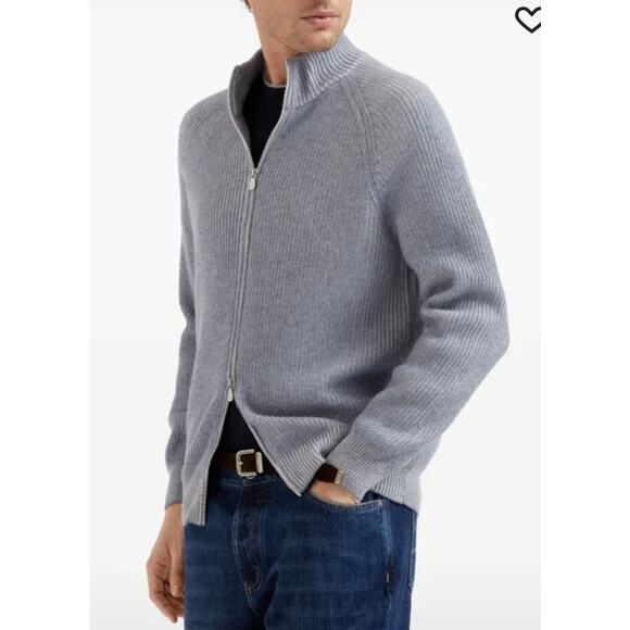 Brunello Cucinelli  Cashmere Vanisé English Rib Cardigan w/Zipper IT 62 US XXL - Picture 3 of 14